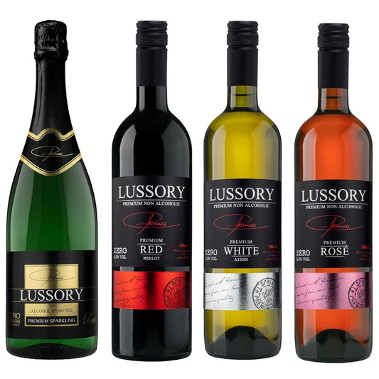 Lussory Premium (Spain) - Lussory Premium Non-Alcoholic Wine Sampler Set (Sparkling Brut, Red Merlot, White Airen, Rosé) Dealcoholized from Spain (4 Bottles, 750ml each) - Halal Certified.