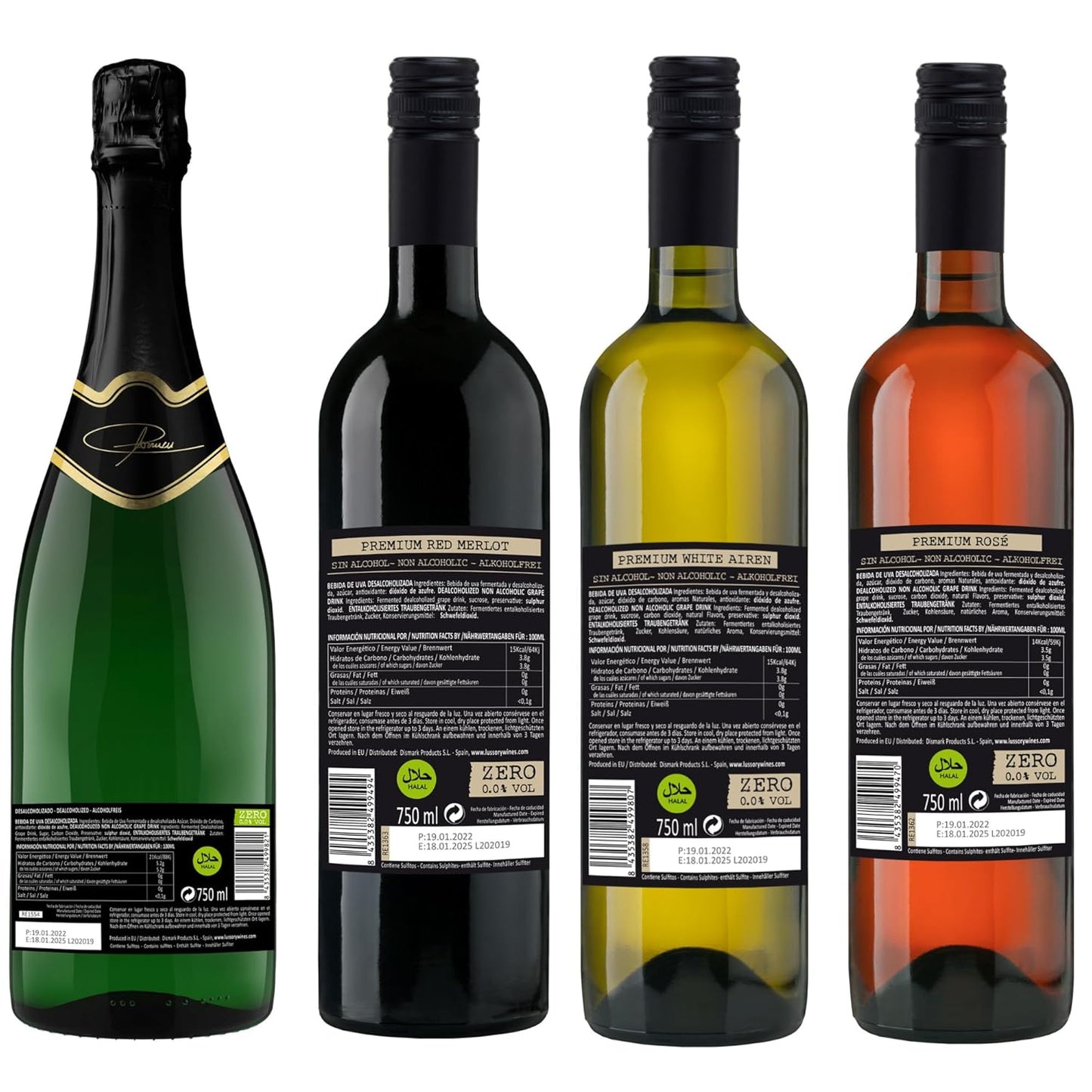 Lussory Premium (Spain) - Lussory Premium Non-Alcoholic Wine Sampler Set (Sparkling Brut, Red Merlot, White Airen, Rosé) Dealcoholized from Spain (4 Bottles, 750ml each) - Halal Certified.