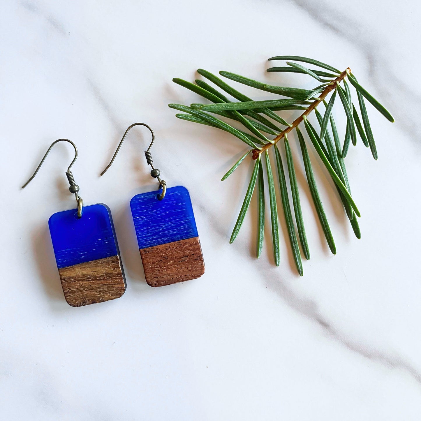 Manifestie - Boxy Walnut Wood + Resin Earrings | Sea Glass Colored Tahoe Blue