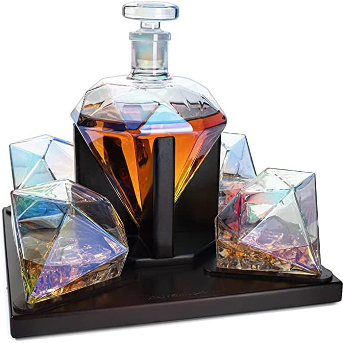 The Wine Savant - Diamond Whiskey and Wine Decanter - 750m w/ 4 Diamond Glasses - Beautiful Mahogany Wooden Holder