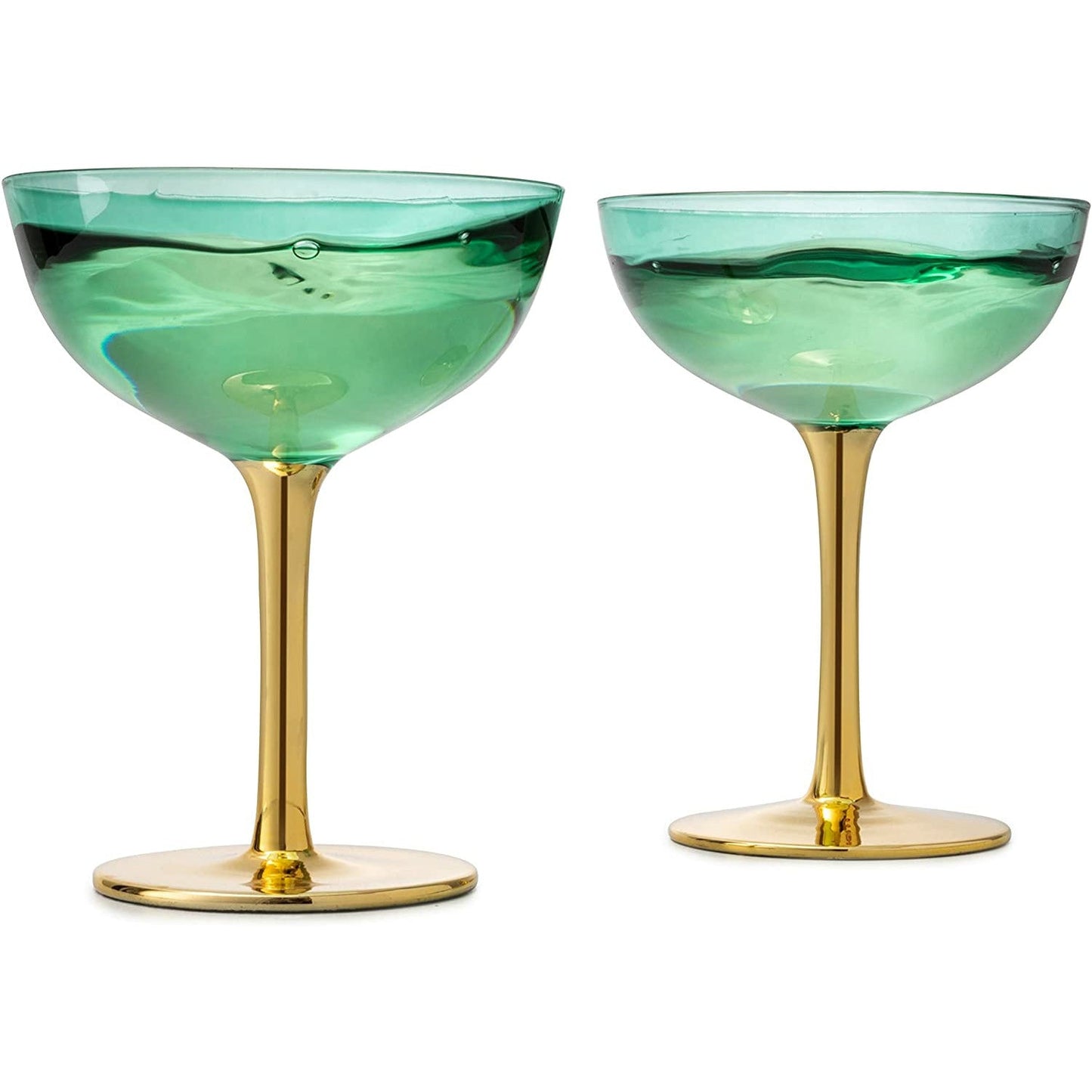 Colored Coupe Art Deco Glasses, Gold | Set of 4 | 12 oz Classic Cocktail Glassware for Champagne, Martini, Manhattan, Sidecar, Crystal Speakeasy Style Goblets Stems, Elegantly Vintage Blue by The Wine Savant