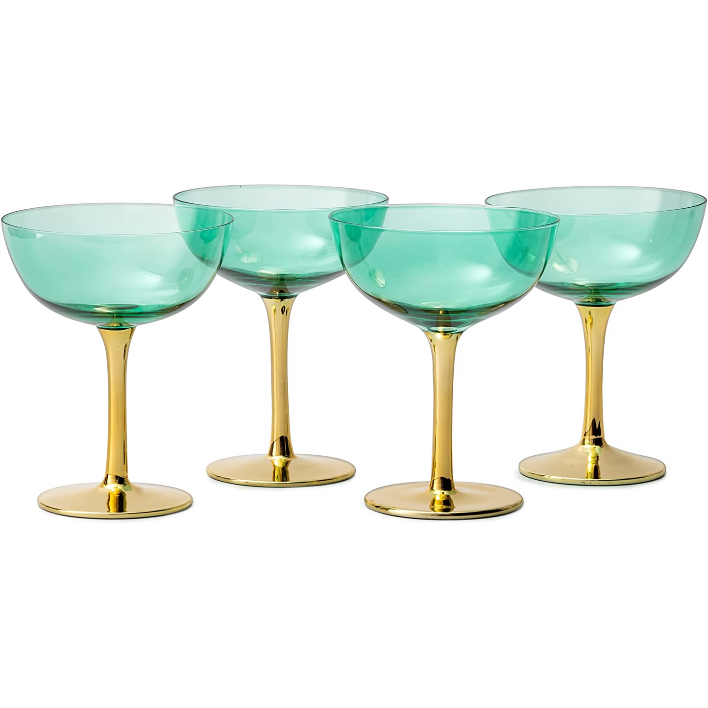 Colored Coupe Art Deco Glasses, Gold | Set of 4 | 12 oz Classic Cocktail Glassware for Champagne, Martini, Manhattan, Sidecar, Crystal Speakeasy Style Goblets Stems, Elegantly Vintage Blue by The Wine Savant