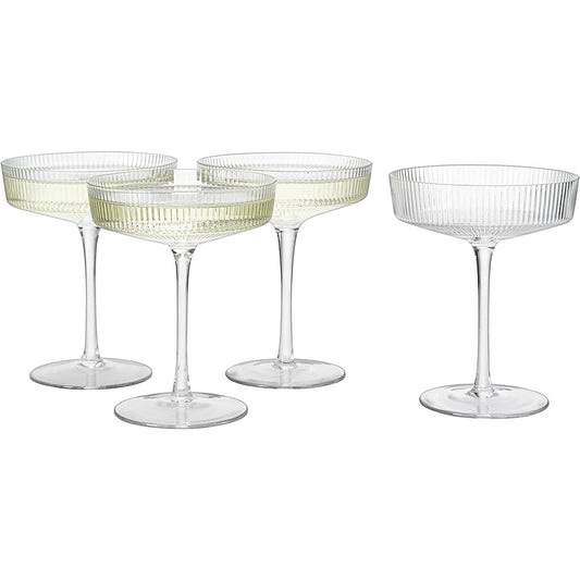 The Wine Savant - Coupe Cocktail Glasses 8 oz - Set of 4 - Classic Manhattan Glasses For Cocktails, Champagne Coupe, Ripple Coupe Glasses, Art Deco Gatsby Vintage