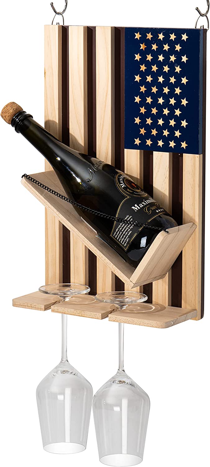 The Wine Savant - American Flag Wine & Bottle Wall Rack Holder with 2 Wine Glasses - Patriotic Centerpiece