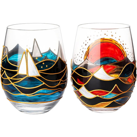 The Wine Savant - Artisanal Hand Painted Stemless Sailboat Wine Glasses  - Set of 2 - 18oz