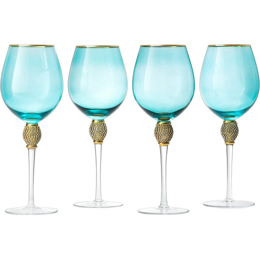 Set of 4 Blue Wine Glasses Gold Diamond Stemmed 14 oz by The Wine Savant - Gold Rim Wine Glasses, Blue Colored Wine Glasses Luxury Wine Glassware Wine Tasting, Wedding Gift, Anniversary, Birthday by The Wine Savant