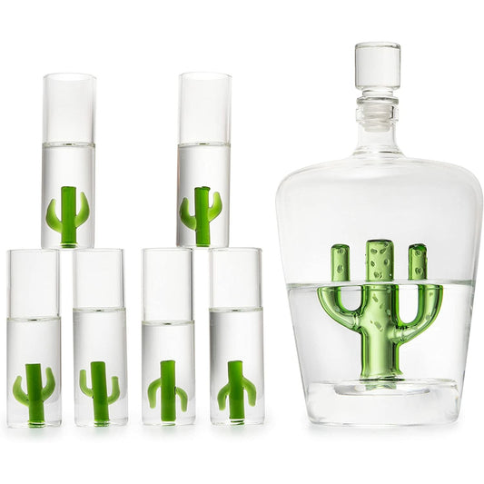 The Wine Savant - Cactus Tequila Set - Agave Decanter - 6 Agave Shot Glasses - Perfect Gift For Any Bar - 25oz Bottle, 3oz Glasses