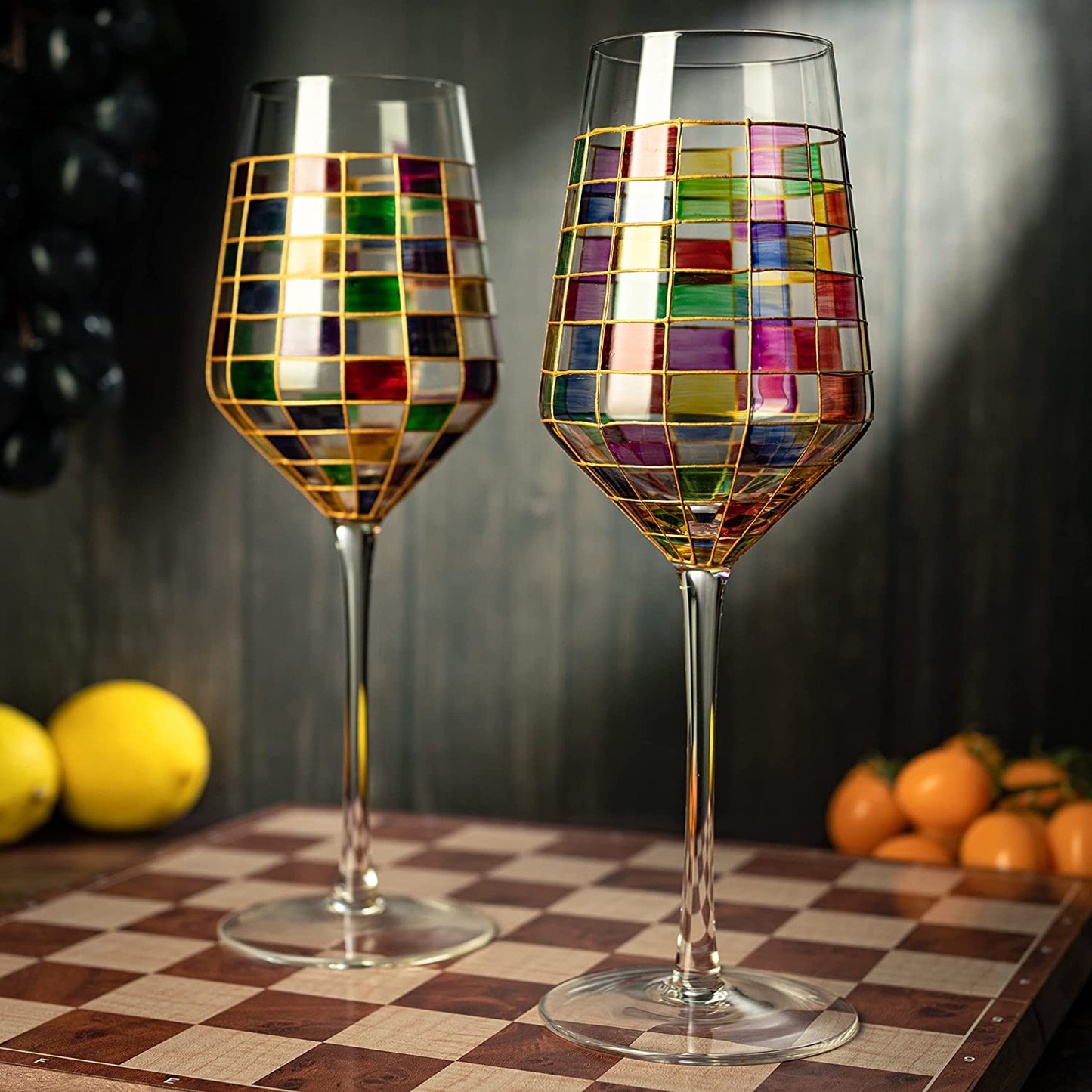 The Wine Savant - Renaissance Stained Wine Glasses - Festive Set of 2 Stemmed Glasses