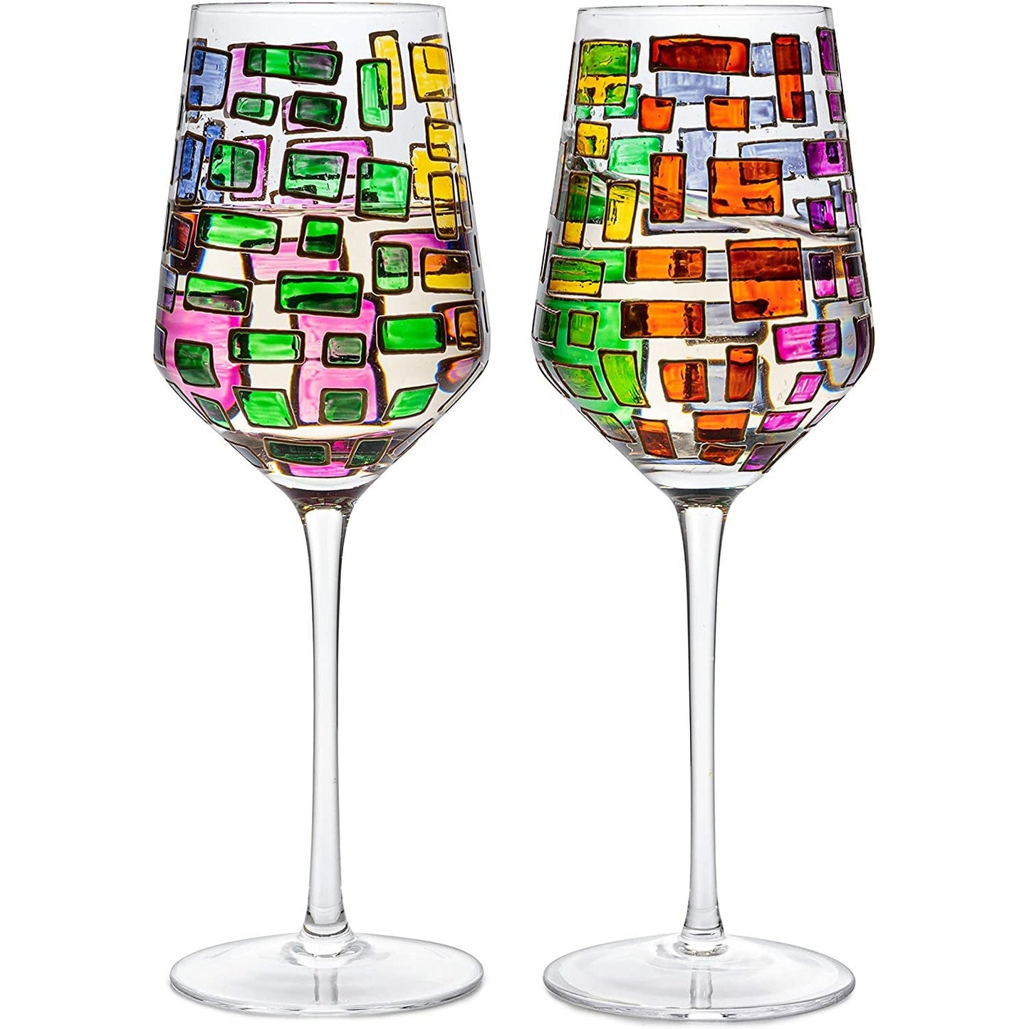 Renaissance Stained Glass Rainbow Stemmed Wine Glasses - Set of 2