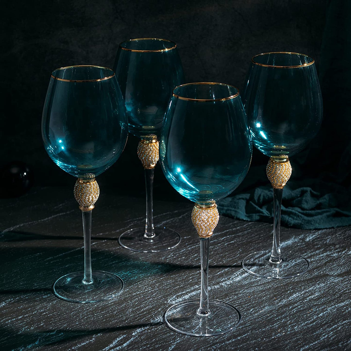 Set of 4 Blue Wine Glasses Gold Diamond Stemmed 14 oz by The Wine Savant -  Gold Rim Wine Glasses, Blue Colored Wine Glasses Luxury Wine Glassware Wine