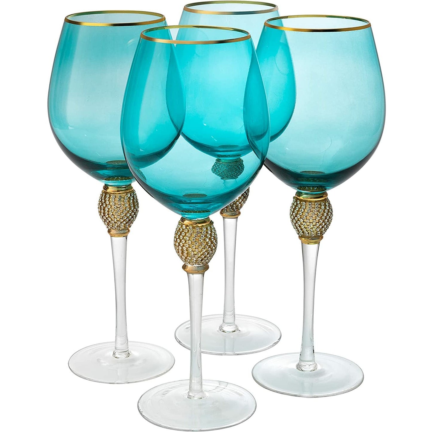 Set of 4 Blue Wine Glasses Gold Diamond Stemmed 14 oz by The Wine Savant - Gold Rim Wine Glasses, Blue Colored Wine Glasses Luxury Wine Glassware Wine Tasting, Wedding Gift, Anniversary, Birthday by The Wine Savant