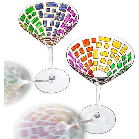 The Wine Savant - Italian Multicolor Renaissance Stained Glass Rainbow Martini Glasses - Set of 2 - 9.2oz