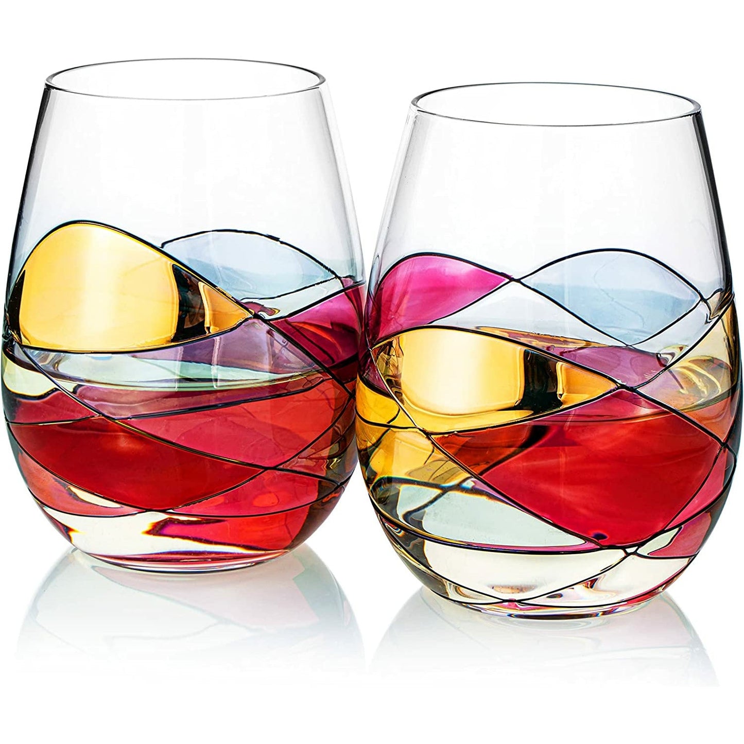 The Wine Savant - Artisanal Hand-Painted Stemless - Renaissance Stained Glass Window Design - Set of 2