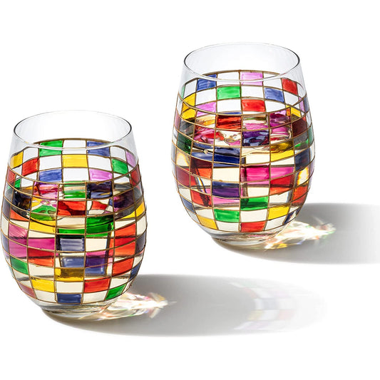 The Wine Savant - Stemless Wine Glasses - Renaissance Stained Glass Design - Set of 2