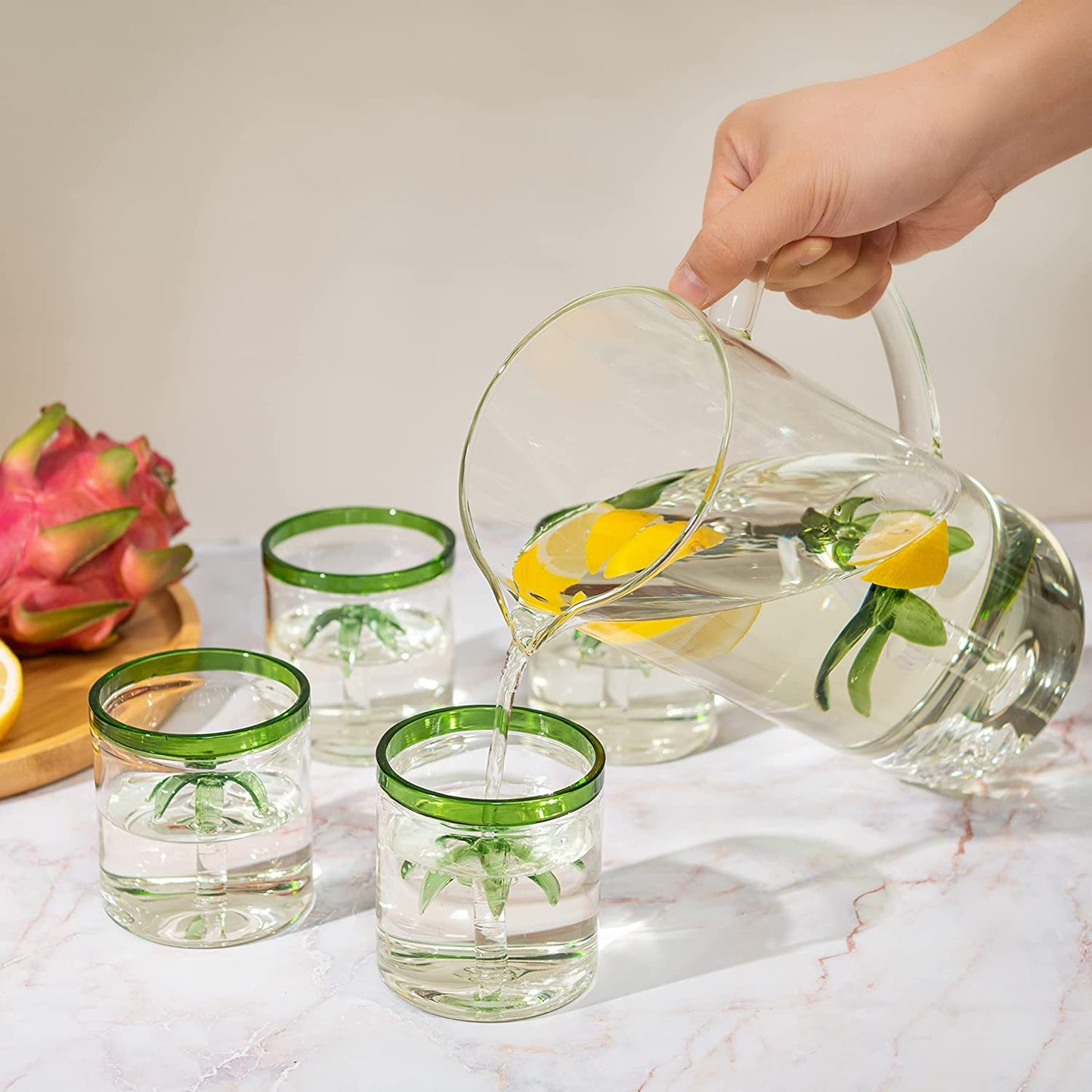 The Wine Savant - Palm Tree Pitcher Mexican Glassware Set - 4 Green Rim Palm Tree Glasses - 9oz