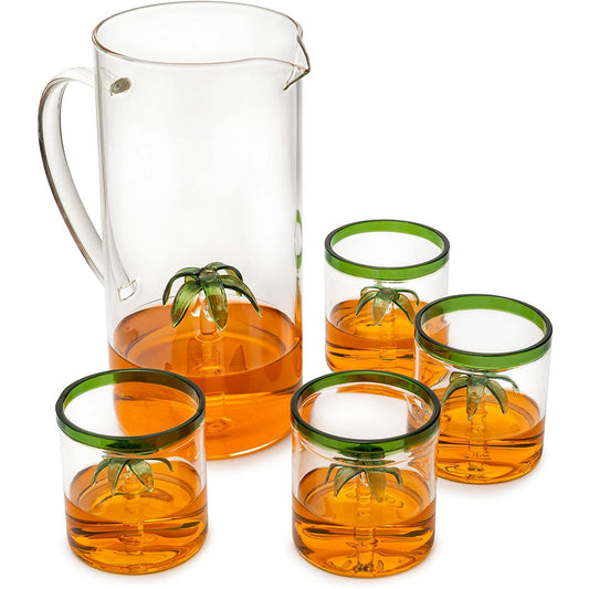 The Wine Savant - Palm Tree Pitcher Mexican Glassware Set - 4 Green Rim Palm Tree Glasses - 9oz