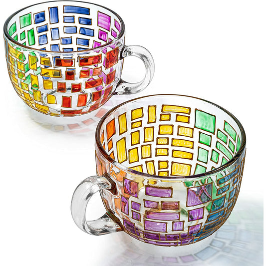 The Wine Savant - Stained Glass Coffee Cup Mug - Set of 2 - Festive Colorful Coffee Cups, Stained Window Glasses, Multicolored Coffee Cups