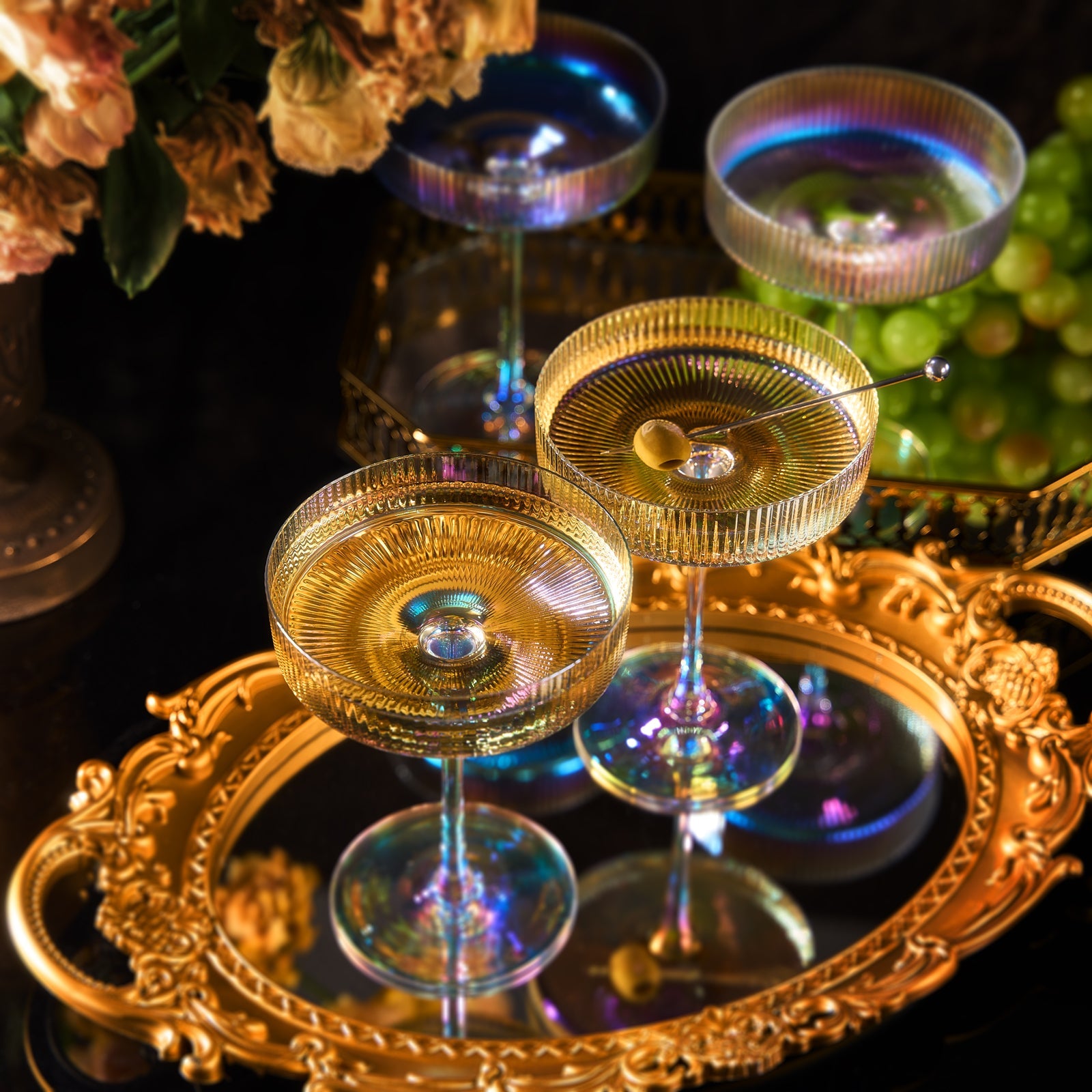 Toscany Iridescent Champagne Glasses, Saucer Glasses Set of 4