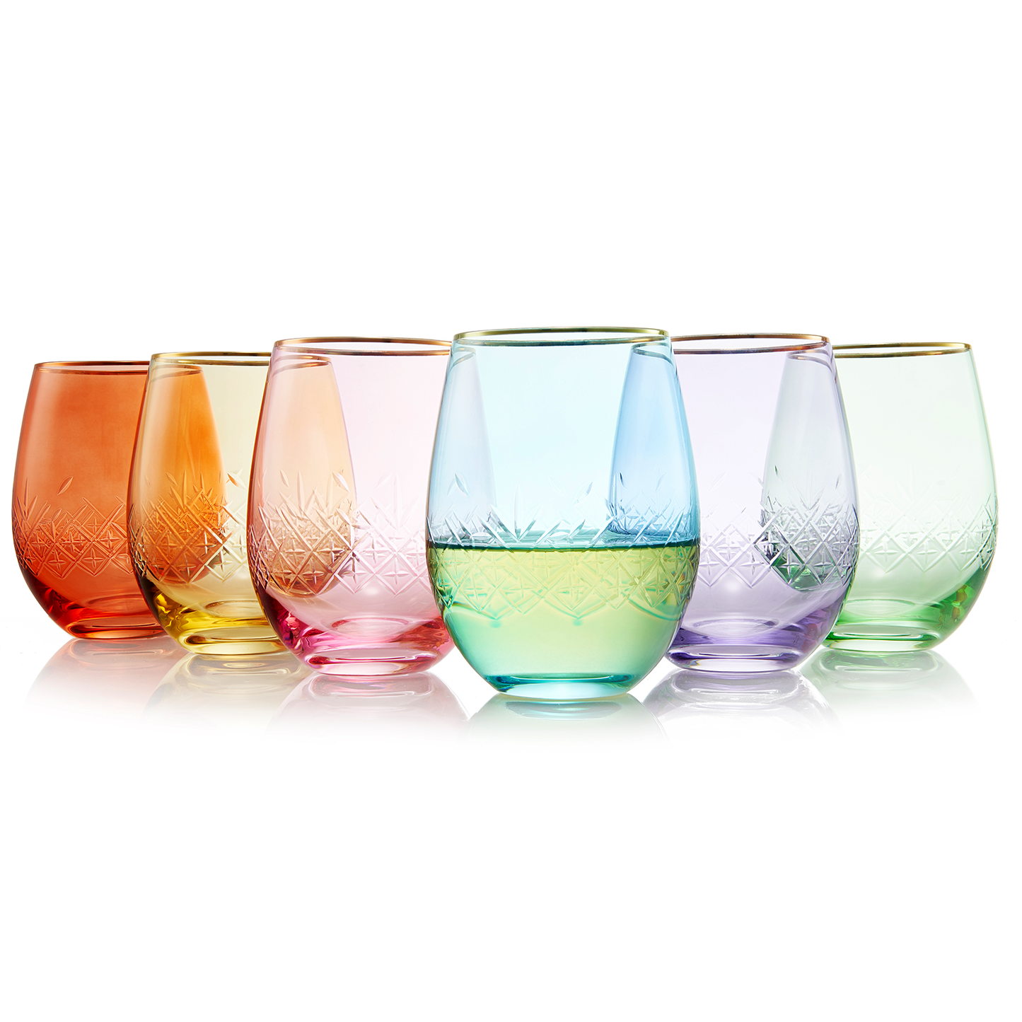 The Wine Savant - Art Deco Colored Crystal Stemless Wine Glass - Etched & Gold-Rimmed Set of 6 - 15 oz