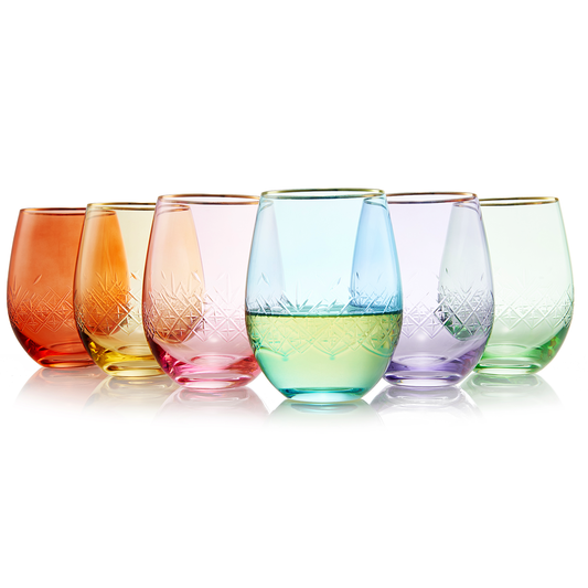 The Wine Savant - Art Deco Colored Crystal Stemless Wine Glass - Etched & Gold-RimmedSet of 6 - 15 oz