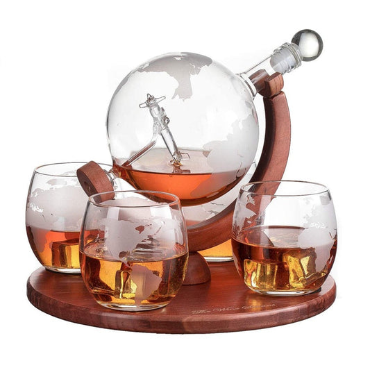 The Wine Savant - Etched World Decanter Whiskey Globe - Whiskey Gift Set Globe Decanter with Antique Airplane, Wooden Display, 4 World Map Glasses - Perfect Gift