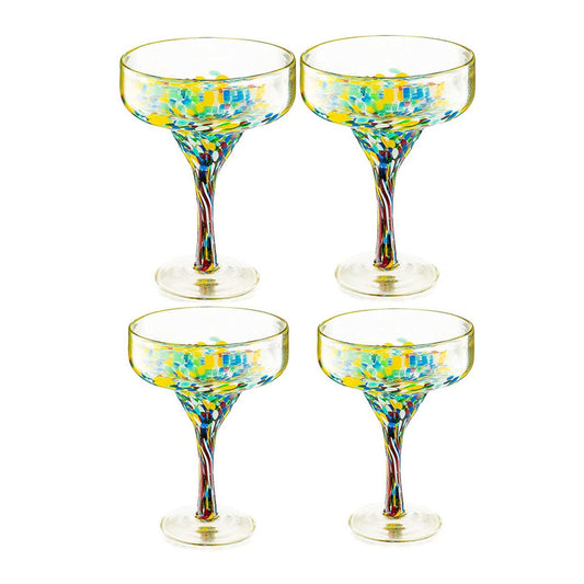 The Wine Savant - Mexican Design Hand Blown Margarita Glass - Set of 4 Luxury Hand Blown Confetti Margarita Glasses - 16 oz