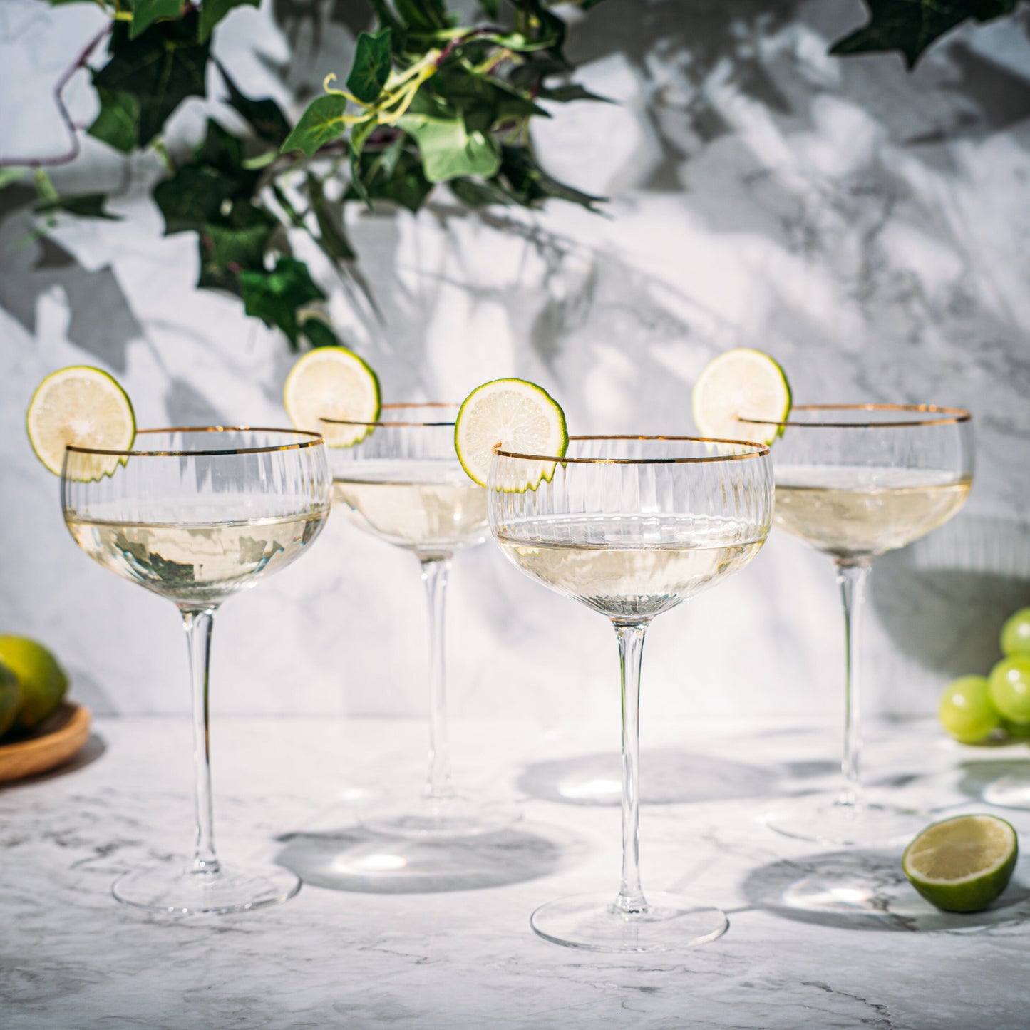 The Wine Savant - Gold Rim Coupe Champagne Glasses - (Ribbed) Set of 4 - 7oz