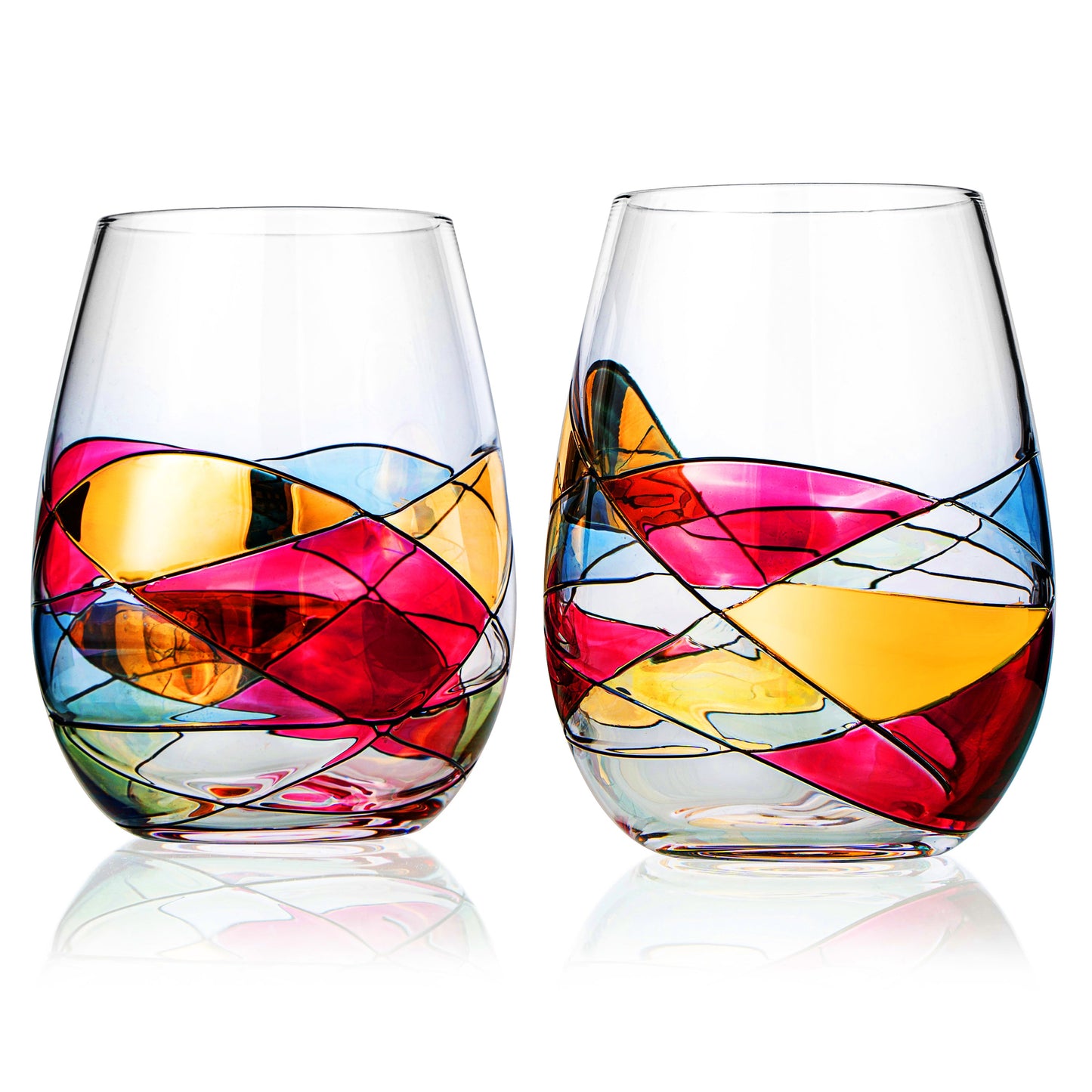 The Wine Savant - Artisanal Hand-Painted Stemless - Renaissance Stained Glass Window Design - Set of 2